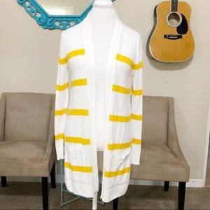 Women's White and Yellow Striped Cardigan Sweater